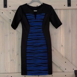 Connected Apparel Black and Blue Striped Midi Dress